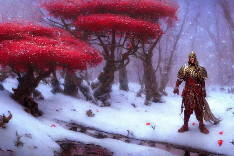 Image similar to winter, a male warrior wearing armor relaxing under a world tree with red flowers, ground covered with snow, extreme long shot, fantasy, painting by gaston bussiere, craig mullins, j. c. leyendecker, trending on artstation