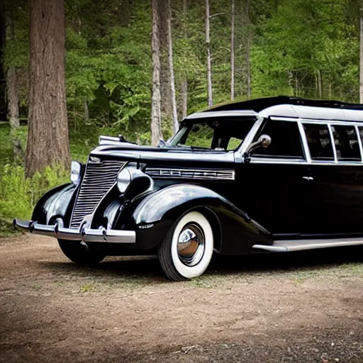 Image similar to photo of a black 1 9 3 6 chrysler airstream parked at a lake