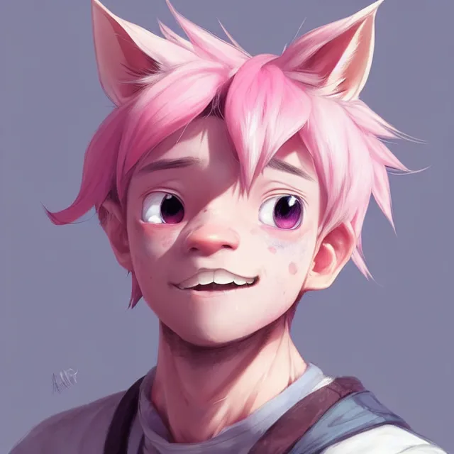 Image similar to character concept art of a cute boy with pink hair and pink wolf ears and freckles | | cute - fine - face, pretty face, key visual, realistic shaded perfect face, fine details by stanley artgerm lau, wlop, rossdraws, james jean, andrei riabovitchev, marc simonetti, and sakimichan, trending on artstation