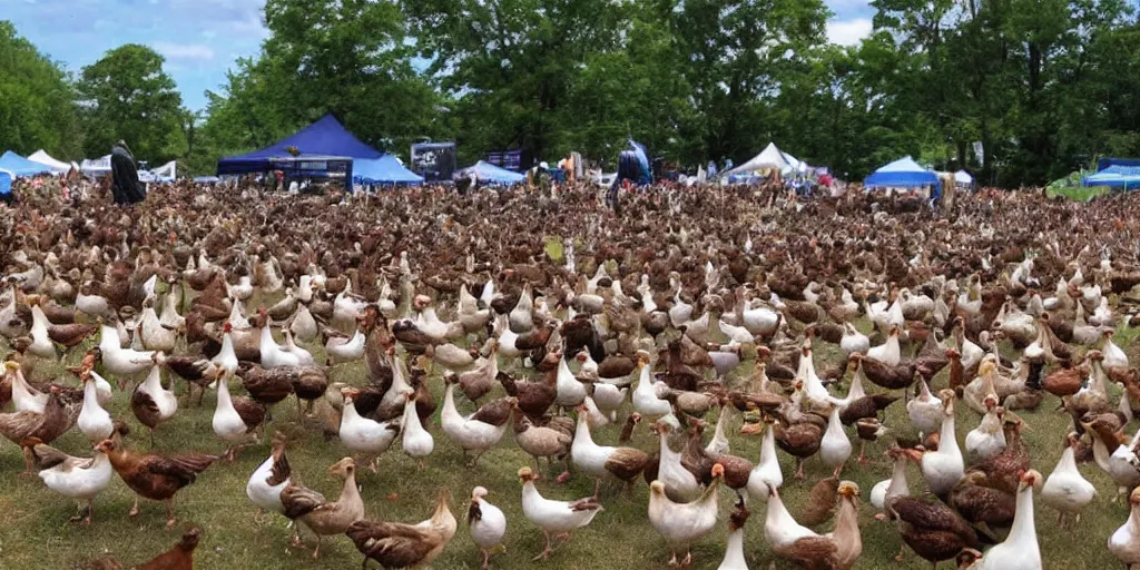 Image similar to summer music festival full of fowl. no humans. tex fowl