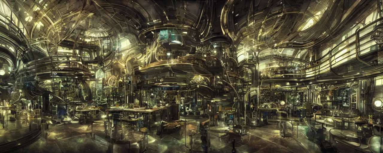 Image similar to a futuristic steampunk science laboratory, built in the middle of a lush tropical rainforest, cinematic back lit lighting, realistic, detailed, canon 20mm,