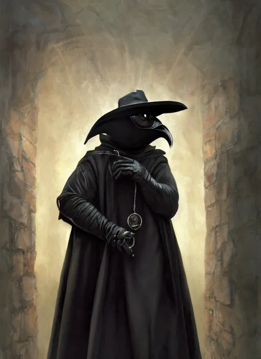 Prompt: a portrait, a chubby humanoid wearing a pointy black plague doctor mask, realistic, short in stature, wearing black medieval robes, medical doctor, serene, pointy mask, style by donato giancola, wayne reynolds, jeff easley dramatic light, high detail, cinematic lighting, artstation, dungeons and dragons