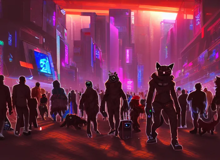 Image similar to high - resolution photograph from a cyberpunk era furry fandom convention ( midwest furfest 2 0 4 7 ), taking place after the genetic revolution and quantum singularity. photorealistic.