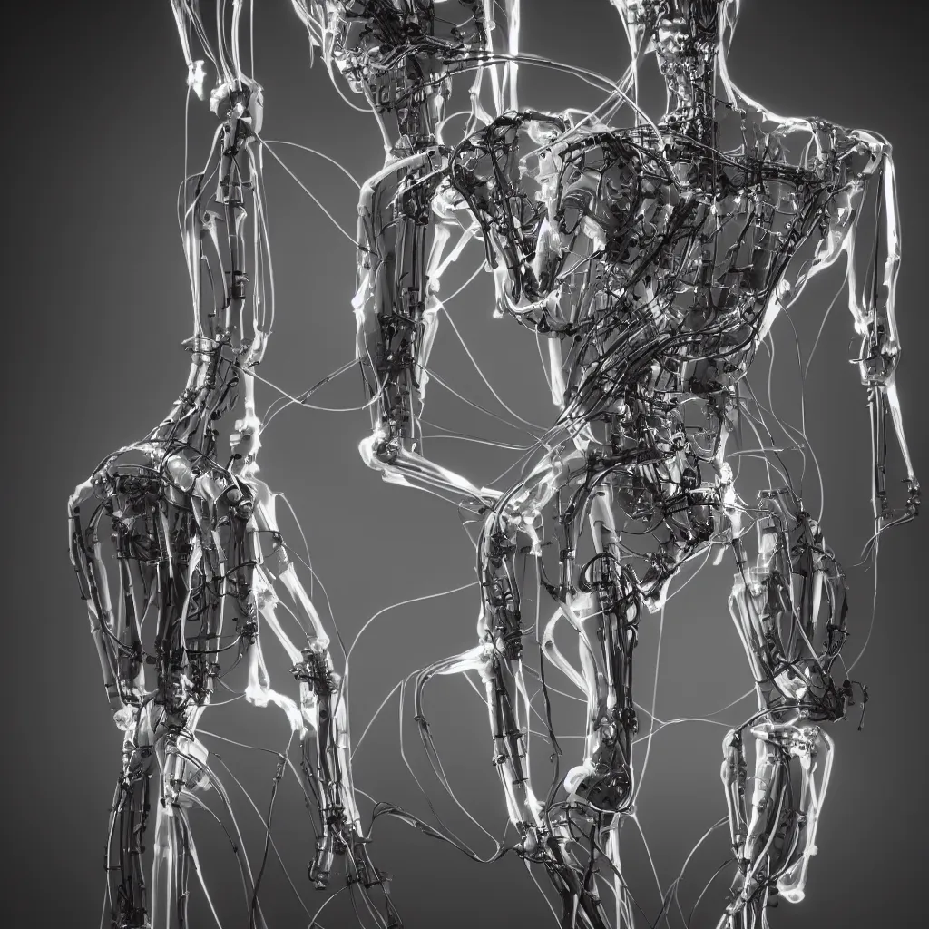 Image similar to medium photographic shot a biomechnical human with artifcial muscle tendons bones, microcircuits, tubes, cables, pumps, in the style of westworld, artificial lighting, cybernetic automatized robot factory, cyberpunk, artificial neon light, photorealistic, ultra detailled, by annie leibowitz