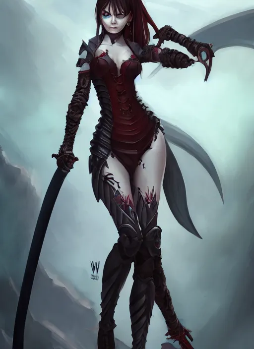 Image similar to full body portrait of a barefoot vampire swordswoman wearing heavy armor two - handed sword, lithe, athletic, absurdly beautiful, detailed, anatomically accurate, guweiz, z. w. gu on artstation, 4 k.