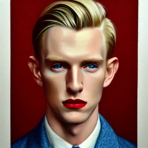 Image similar to A color pencil drawing portrait of a blond young Irish man with high cheekbones. Good bone structure. Dressed in 1940s style. Highly detailed, fine Art, high detail, great lighting, 8k resolution, masterpiece, concept art, illustration, clear eyes, painting oil on canvas, octane render, HDR, trending on artstation, 4k, 8k, HD