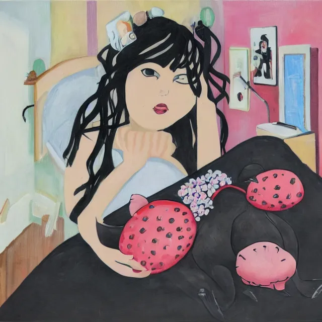 Image similar to a portrait in a female artist's bedroom, black walls, emo girl with a giant pig plushie, sheet music, berries, surgical supplies, pancakes, black flowers, sensual, octopus, neo - expressionism, surrealism, acrylic and spray paint and oilstick on canvas