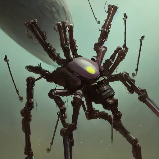 Image similar to character concept art of a multi - legged spider robot, depth of field background, artstation, award - winning realistic sci - fi concept art by jim burns and greg rutkowski, beksinski, a concept art masterpiece, pastel color palette, james gilleard, bruegel, alphonse mucha, and yoshitaka amano.