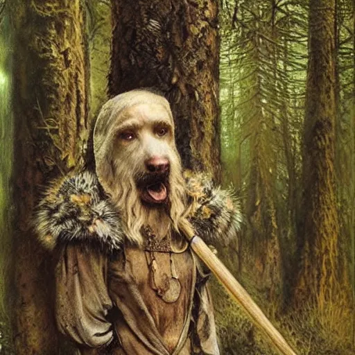 Image similar to slavic dog head man, woolen torso in medieval clothes, hiding in the forest, orthodox saint christopher, art by luis royo, oil painting, painting by viktor vasnetsov, concept art, hyperrealism, beautiful, high resolution, trending on artstation,