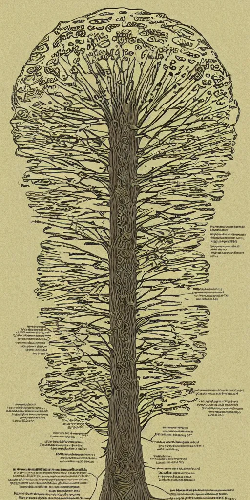 Image similar to detailed infographic by john howe of a giant beautiful diatom tree