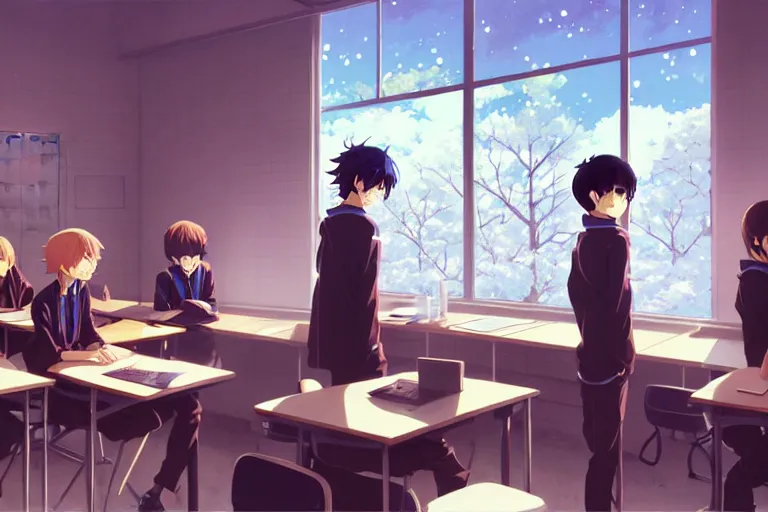 boy's love anime modern high school classroom in, Stable Diffusion