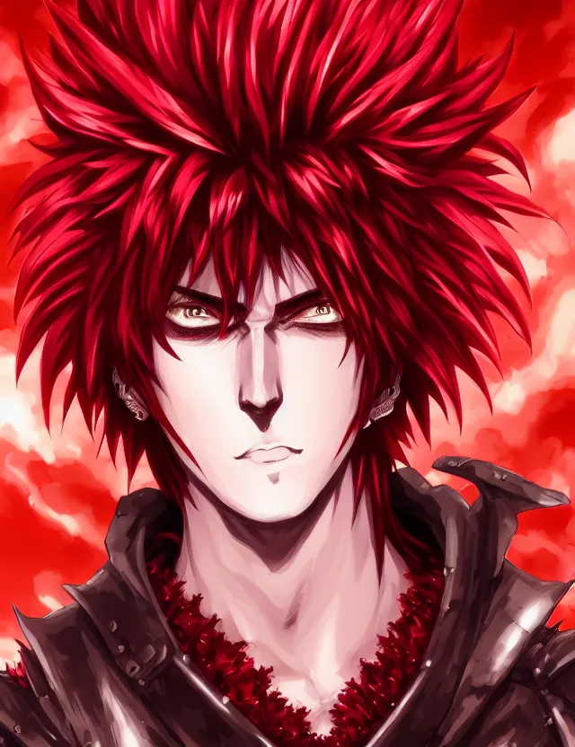 Image similar to a detailed manga portrait of a handsome tall man with spiked crimson hair in fiery crimson crystalline armour, trending on artstation, digital art, 4 k resolution, detailed, high quality, sharp focus, hq artwork, coherent, insane detail, character portrait