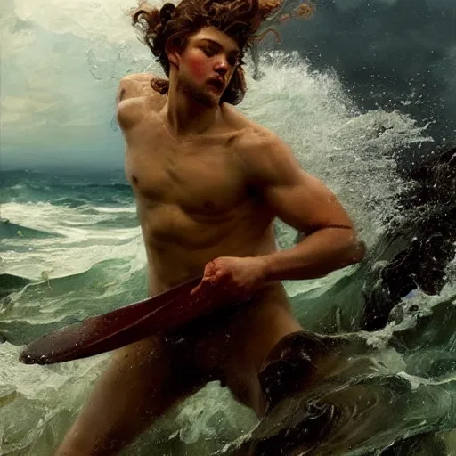 Prompt: epic battle brown haired boy summons a huge wave of water. greek sea god. extremely detailed. masterpiece. dramatic. rule of thirds. jc leyendecker. repin. ruan jia.