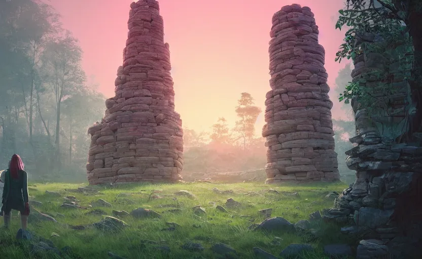 Image similar to A landscape with a giant stone brick tower with pillars on top at sunset, forest, magical portal, cyberpunk, glowing runes, Low level, rendered by Beeple, Makoto Shinkai, syd meade, simon stålenhag, environment concept, synthwave style, digital art, unreal engine, WLOP, trending on artstation, 4K UHD image, octane render,