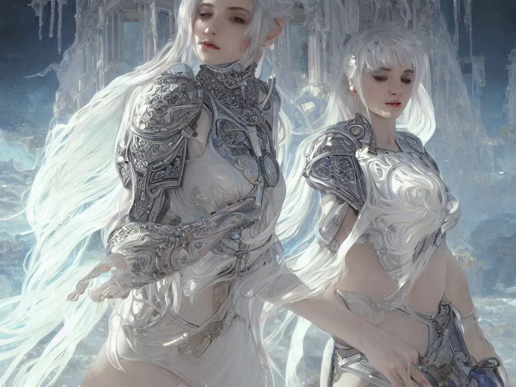 Image similar to portrait white hair knights of zodiac girl, sliver ice color reflected armor, in ruined agora of athens sunrise, ssci - fi and fantasy, intricate and very very beautiful and elegant, highly detailed, digital painting, artstation, concept art, smooth and sharp focus, illustration, art by tian zi and wlop and alphonse mucha