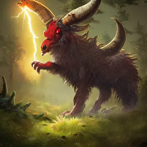 Prompt: creature fluffy animal with horns and short legs and arms and red eyes (((hoof))), forest scene, highly detailed, cinematic lightning, epic fantasy style art, hearthstone style artwork