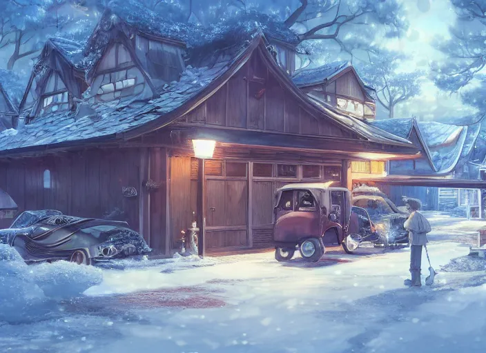 Prompt: grandpa's garage during winter, anime fantasy illustration by tomoyuki yamasaki, kyoto studio, madhouse, ufotable, square enix, cinematic lighting, trending on artstation