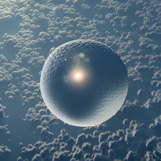 Prompt: high above the atmosphere an vast mothership reminiscent of a golf-ball charges up weapons to recycle earth while people on the ground eat donuts in quaint cafes, 8K, 4K, Octane, UE5