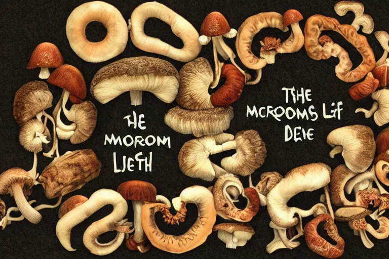 Prompt: the cycle of life shown through mushrooms, birth life aging death, love hate god devil, heaven hell,