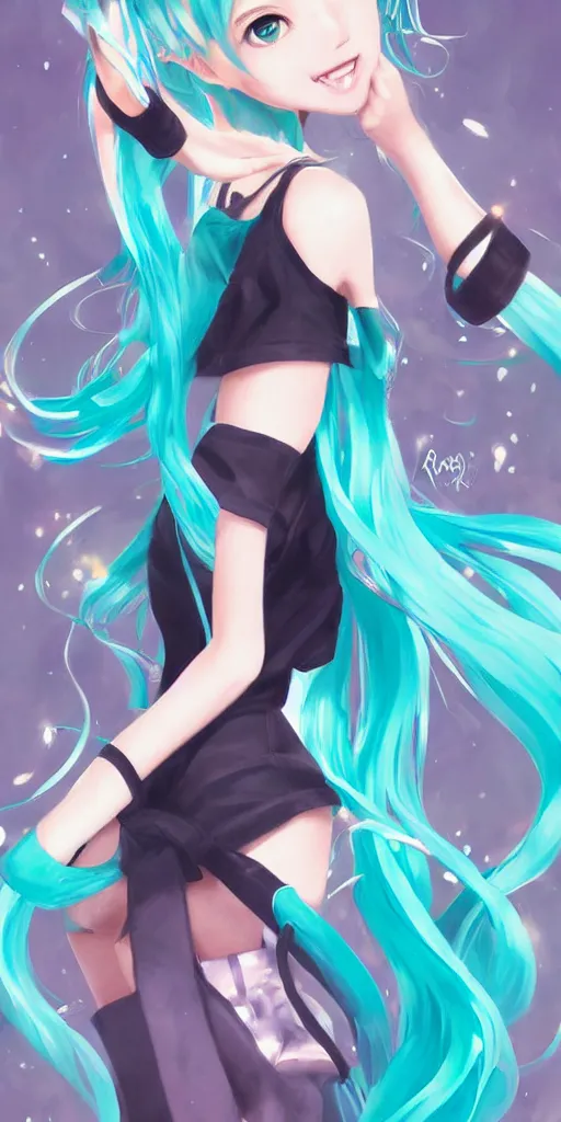 Image similar to A very beautiful painting of Hatsune Miku by rossdraws, wlop, artgerm, Gil Elvgren, Ilya kuvshinov