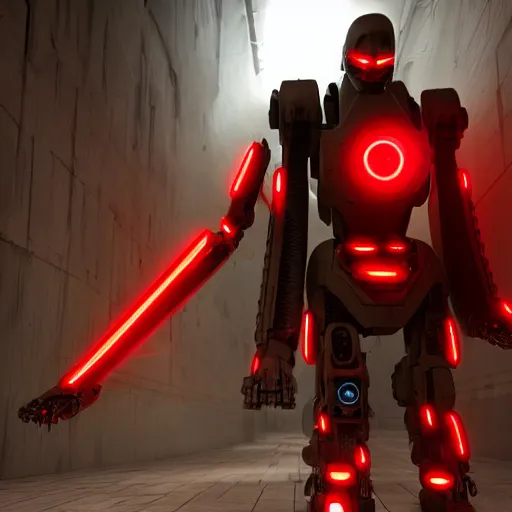 Image similar to a war robot who's sole purpose is to destroy humanity. red glowing eye, trending on art station, fine detail, sci - fi, high detail, hyper realism, dark hallway, unreal engine, 3 d render