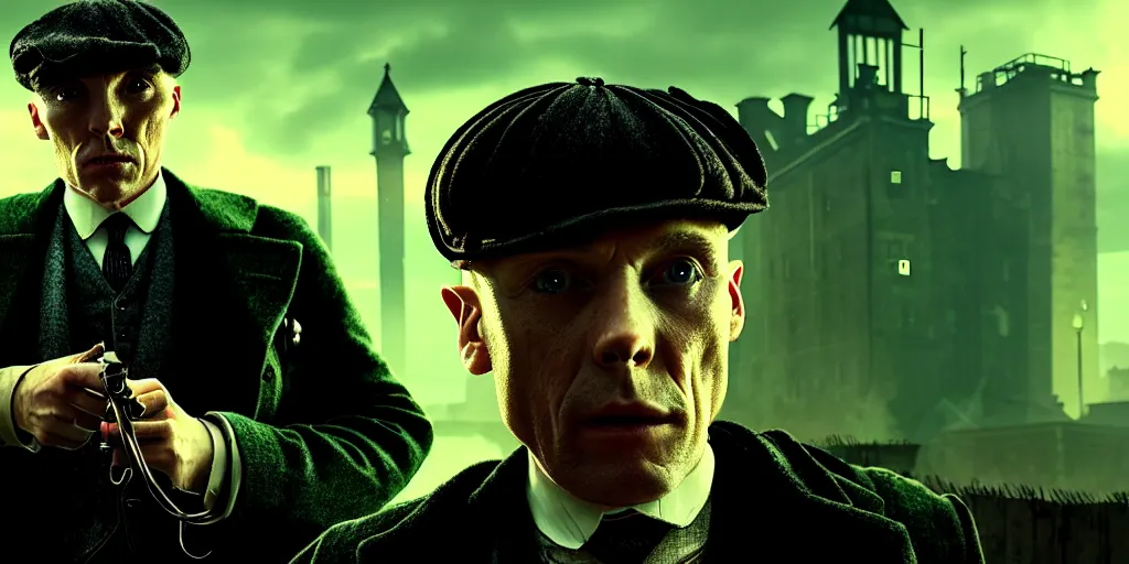 Prompt: Portrait Masterpiece Peaky Blinders, in Cyber Punk 2077, reimagined as a cyberpunk dystopia, 4k highly detailed digital art