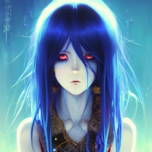 Image similar to attractive long blue - haired girl with bangs gothic anime character with gold eye color, fantasy, screenshot, anime, sharp focus, intricate, illustration, cell shaded, oil painting, highly detailed, concept art, matte, art by ilya kuvshinov and kyoto animation and wlop, and greg rutkowski, studio quality, james jean, artem demura