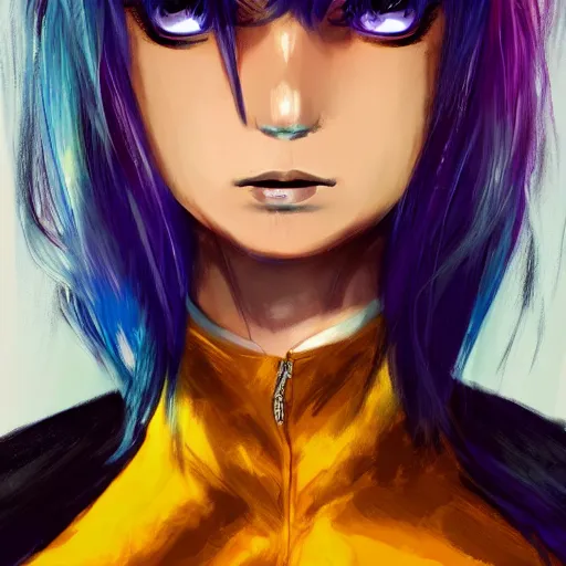 Image similar to full face shot of rimuru tempest, sky blue straight hair, long bangs, with amber eyes, wearing a fancy black jacket, high collar, ultra detailed, brush strokes, digital painting, cinematic, wlop artstation, closeup, pixiv, intense, intimidating glare, photorealistic, overpowering, andy warhol,