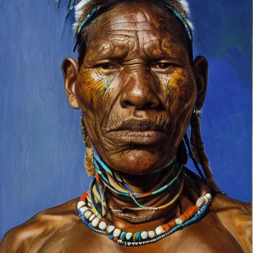 Image similar to high quality high detail painting by lucian freud and jenny saville, hd, full body of a indigenous tribe leader, turquoise color, photorealistic lighting