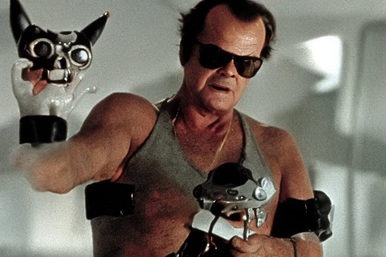 Prompt: Jack Nicholson in costume of Pikachu Terminator scene where his endoskeleton gets exposed still from the film