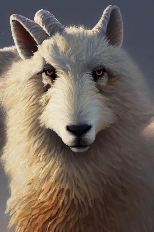 Image similar to sheep wolf, oil paintig, artstation, concept art, national geographics, golden hour, beautiful, 6 0 0 mm