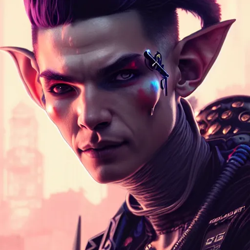 Prompt: portrait painting of a cyberpunk elf mercenary bill kaulitz, ultra realistic, concept art, intricate details, eerie, highly detailed, photorealistic, octane render, 8 k, unreal engine. art by artgerm and greg rutkowski and charlie bowater and magali villeneuve and alphonse mucha