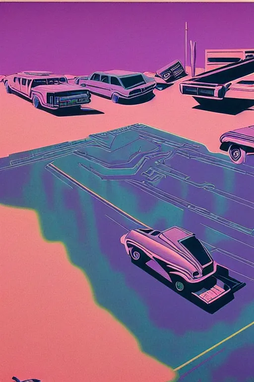 Prompt: 8 0 s art deco desert road with old cars, computers, cinematic dramatic cyberpunk textural fluid lines purple, pink, blue, green. otherworldly vaporwave interesting details fantasy lut epic composition by basquiat zdzisław beksinski james jean artgerm rutkowski moebius francis bacon gustav klimt