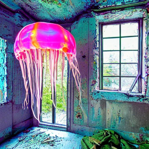 Image similar to abandoned cottage interior filled with iridescent jellyfish swarming lush coral