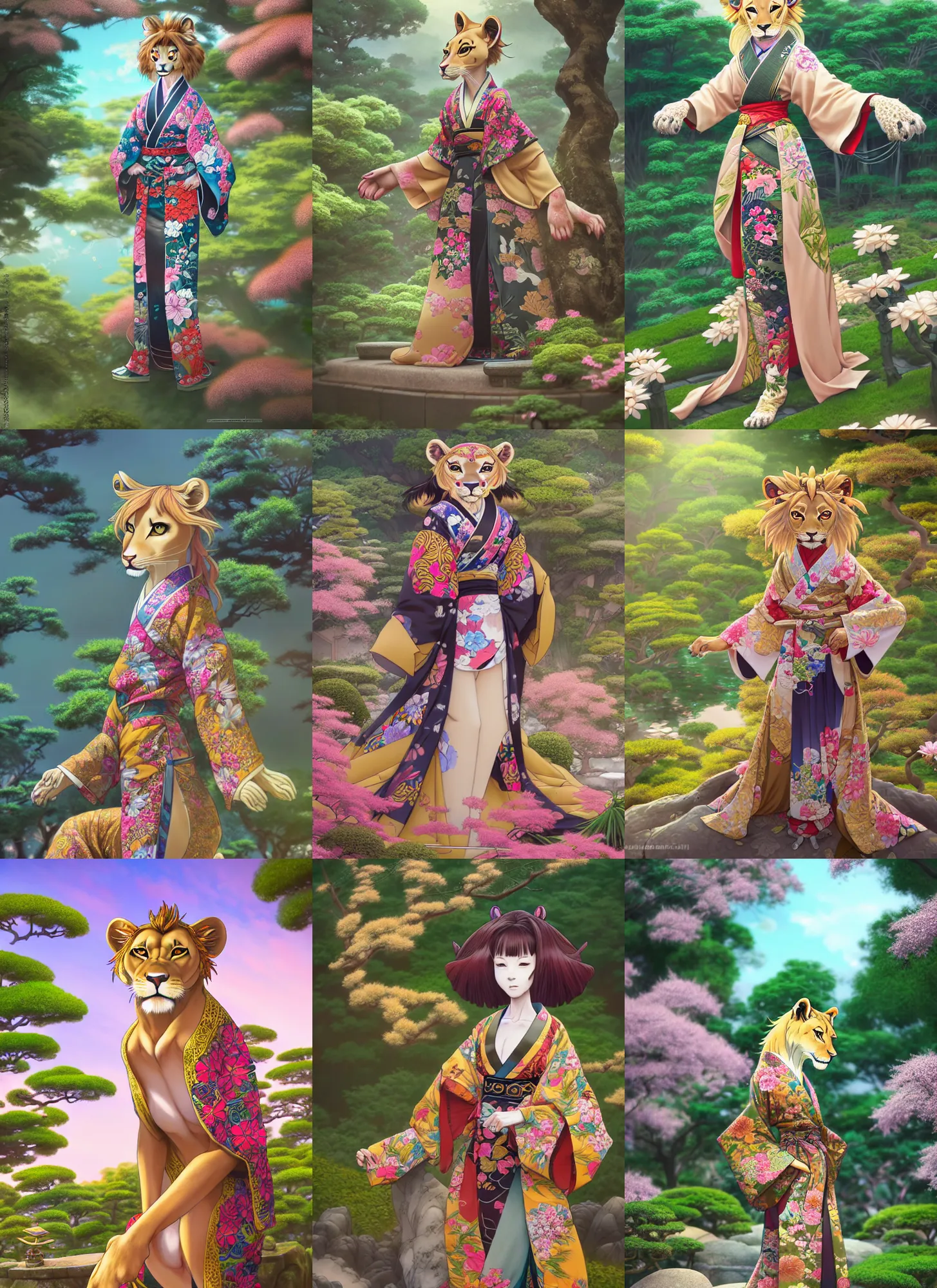 Prompt: beautiful full body portrait of a female anthropomorphic lioness fursona wearing a ornate kimono in a japanese garden. drone photo. character design by disney, anime, manga, charlie bowater, ross tran, artgerm, and makoto shinkai, detailed, soft lighting, rendered in octane