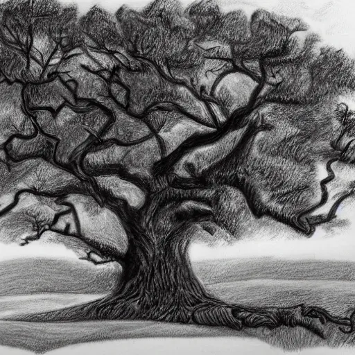 Image similar to oak tree on a hill, pencil drawing, detailed, landscape view