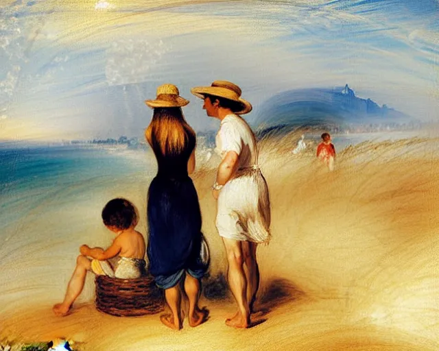 Prompt: a couple and a girl toddler on a beach in sardinia looking at a sailing boat, the man is wearing a panama hat, the woman has long dark hair, white sand, blue sky, summer, white and blue, painting by j. m. w. turner