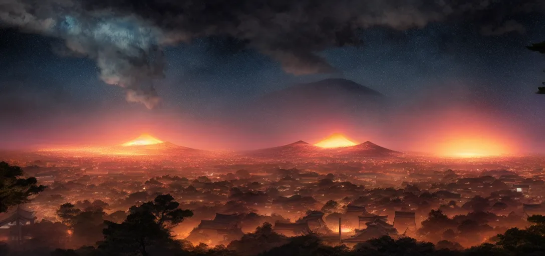 Image similar to view of an ancient japanese city at night, temples, trees, dormant volcanoes in the background, galaxy nebula, dramatic clouds, glowing fog, dramatic lighting, ultra detailed, sharp, ambient occlusion, raytracing, by greg rutowski, paul chadeisson and jessica rossier