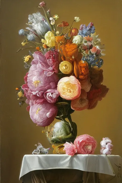 Prompt: painting of flowers in a vase on a table, a surrealist painting by rachel ruysch, trending on deviantart, pop surrealism, surrealist, biomorphic, made of flowers