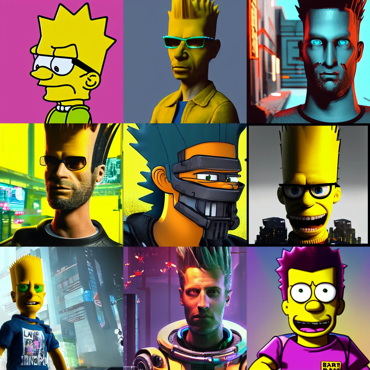 Prompt: 3d-cartoon of Bart Simpson as a character portrait in Cyberpunk 2077, looking at camera, intricate, dystopian, sci-fi, extremely detailed, cartoon, artstation