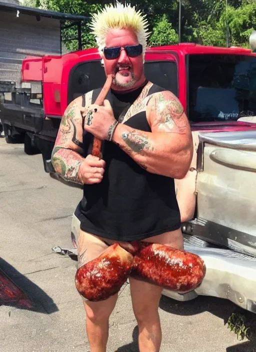 Prompt: lean, mean guy fieri after his summer cut regimen, happy, holding a massive sausage