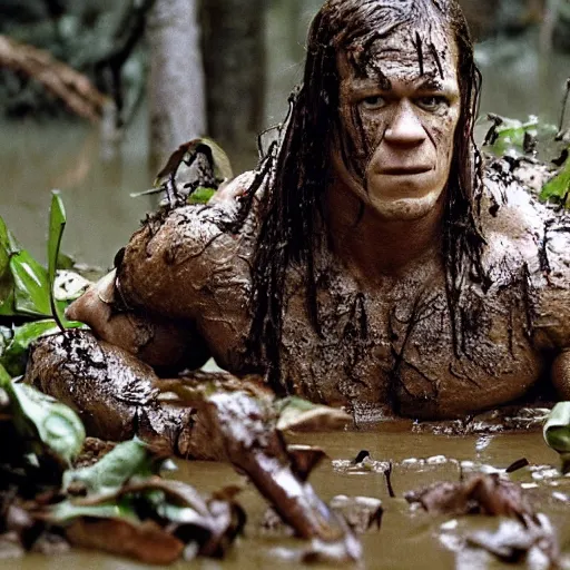 Image similar to film still of john cena as major dutch, covered in mud and hiding, predator!!!!!!!! looks for him in swamp scene in 1 9 8 7 movie predator, hd, 8 k