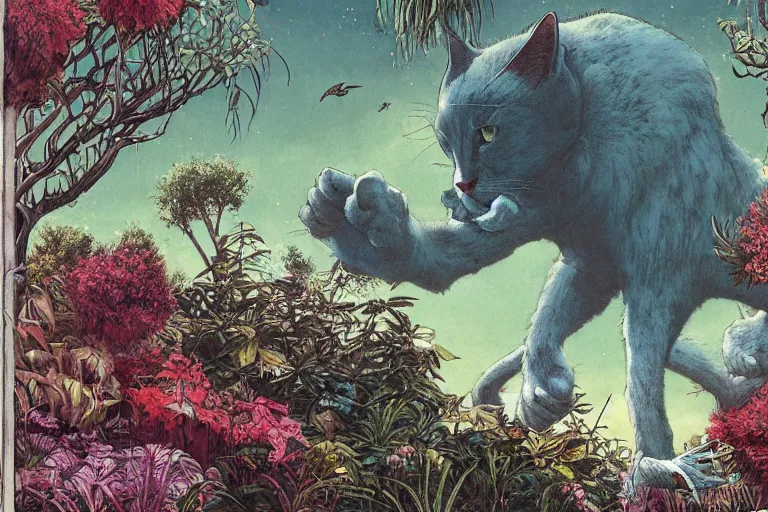 Image similar to gigantic cat floating in the space, a lot of exotic plants, trees, flowers, vintage sci - fi, newspaper grainy colors, flat surreal grainy design, super - detailed, painting by enki bilal and moebius, hd, 4 k, high quality