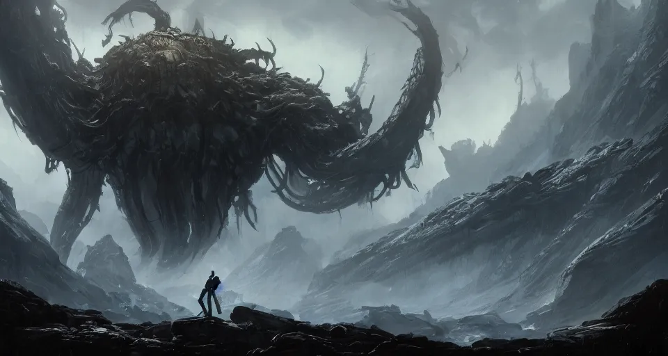 Prompt: a giant eldritch horror crawling across a misty mountainous landscape, dramatic lighting, illustration by greg rutkowski, yoji shinkawa, 4 k, digital art, concept art, trending on artstation