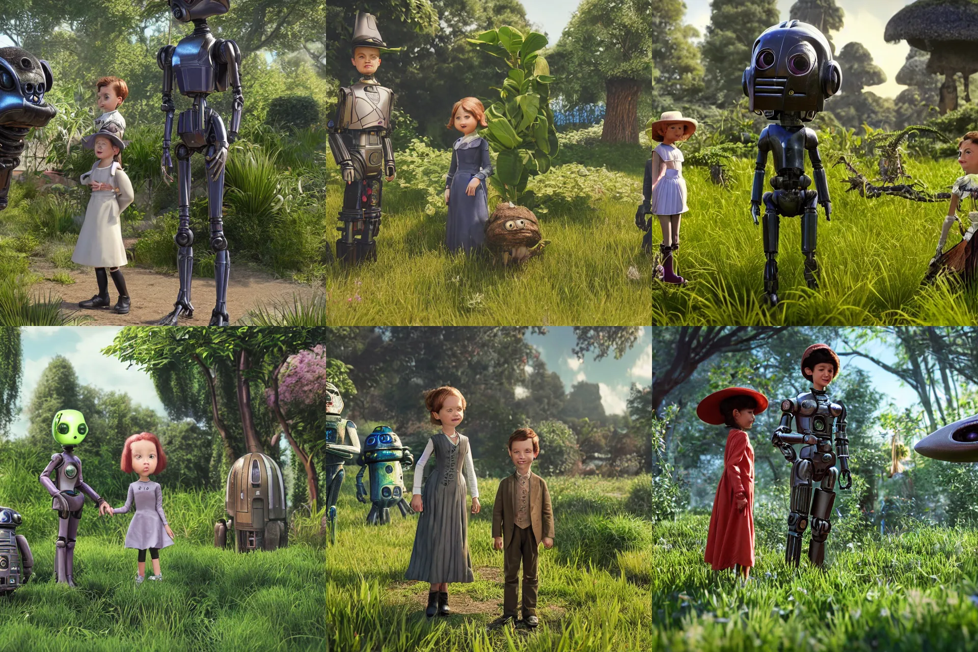 Prompt: a girl and a boy standing next to some alien plants, looking happy and wearing victorian clothes, their pet droid is nearby, while a small cute alien creature is standing behind them, in a park on a alien planet, ultra realistic facial details, enhanced faces, ultra photorealistic raytracing, 8k