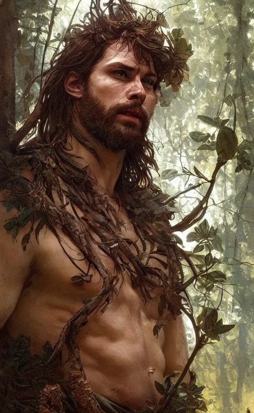 Image similar to god of the forest, 3 0 years old, rugged, handsome, male, detailed face, clean lines, atmospheric lighting, amazing, full body, flowers, muscular, intricate, highly detailed, digital painting, artstation, concept art, sharp focus, illustration, art by greg rutkowski and alphonse mucha