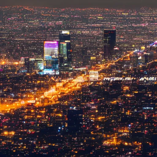 Image similar to Los Angeles blade runner, 8k, photorealistic, award winning aerial photo of the cyberpunk city