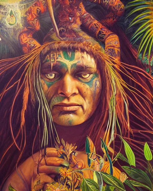 Image similar to a beautiful painting of an amazonian shaman healer sitting in the jungle, doing a prayer, ayahuasca, high detail painting, fantasy art, highly detailed, realistic face, only one face, starry sky, canopee