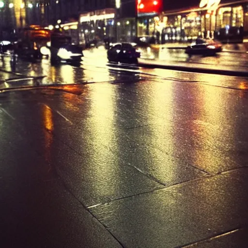 Prompt: zoomed in iphone photo rainy night in the city, reflections