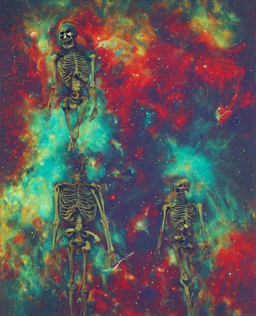 Image similar to a psychedelic cosmonaut skeleton tearing his suit off, rainbow melting color scheme, floating in the cosmos nebula, Beksinski